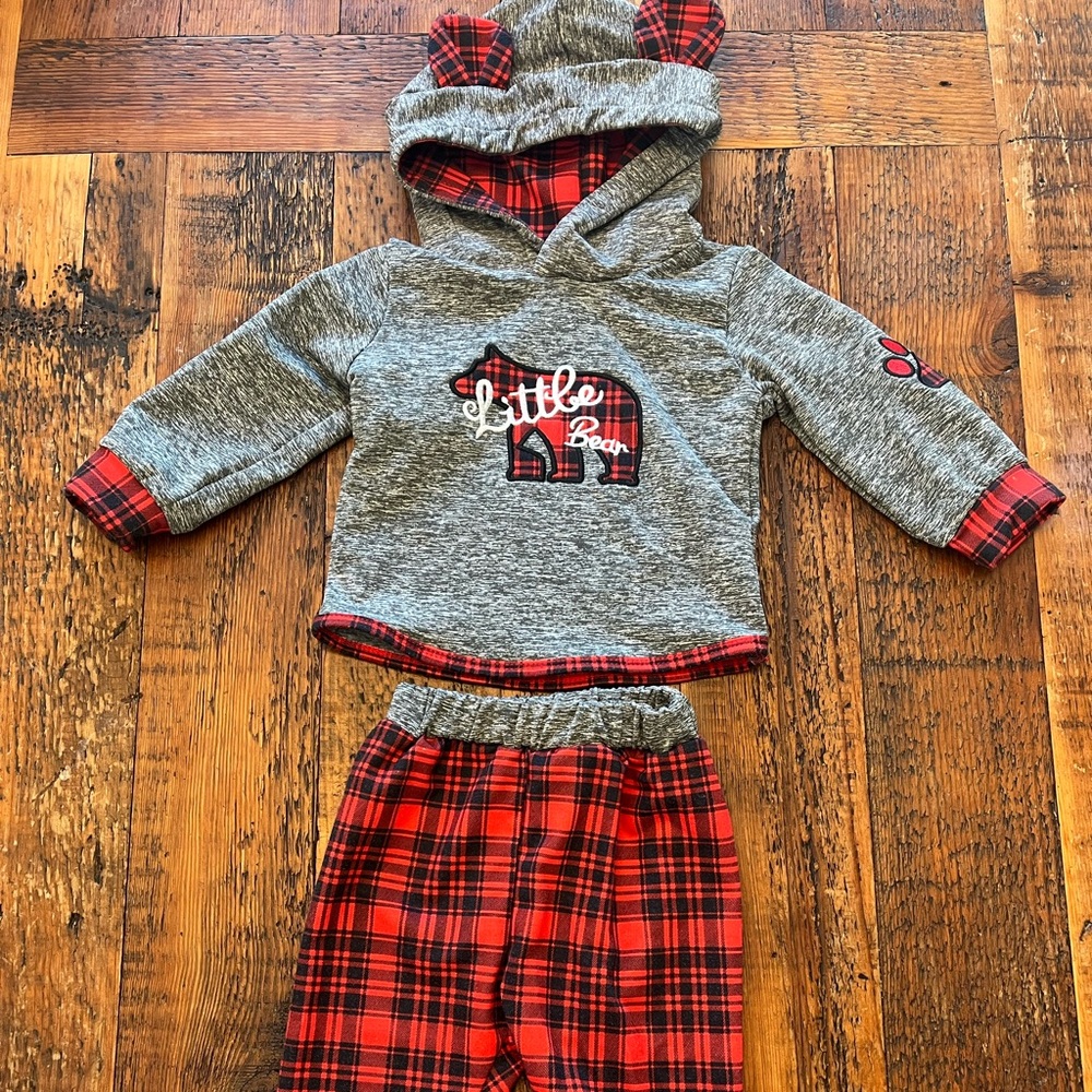 Gray Hoodie & Red Plaid Pants Baby Set - 'Little Bear' Appliqué